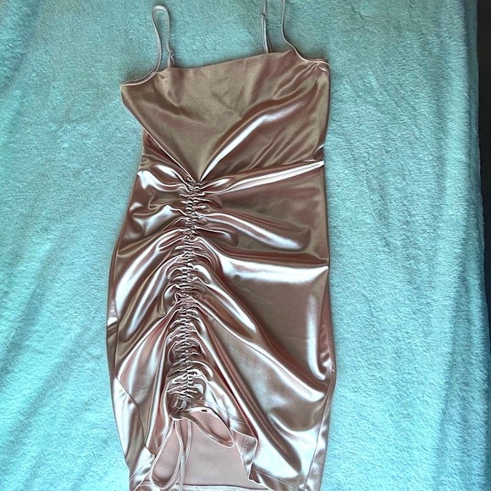 Champagne Pink Satin Fitted Mini Dress with Adjustable Cinch and Straps